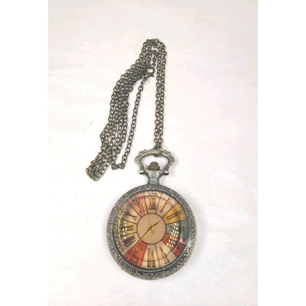 Pocket Watch Bronze Tone Round Face Colorful Roman Numerals 30" Chain Necklace